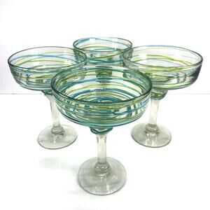 Vtg Margaritaville Set Of 4 Margarita Glasses Hand Blown Green/Blue Swirl-RARE